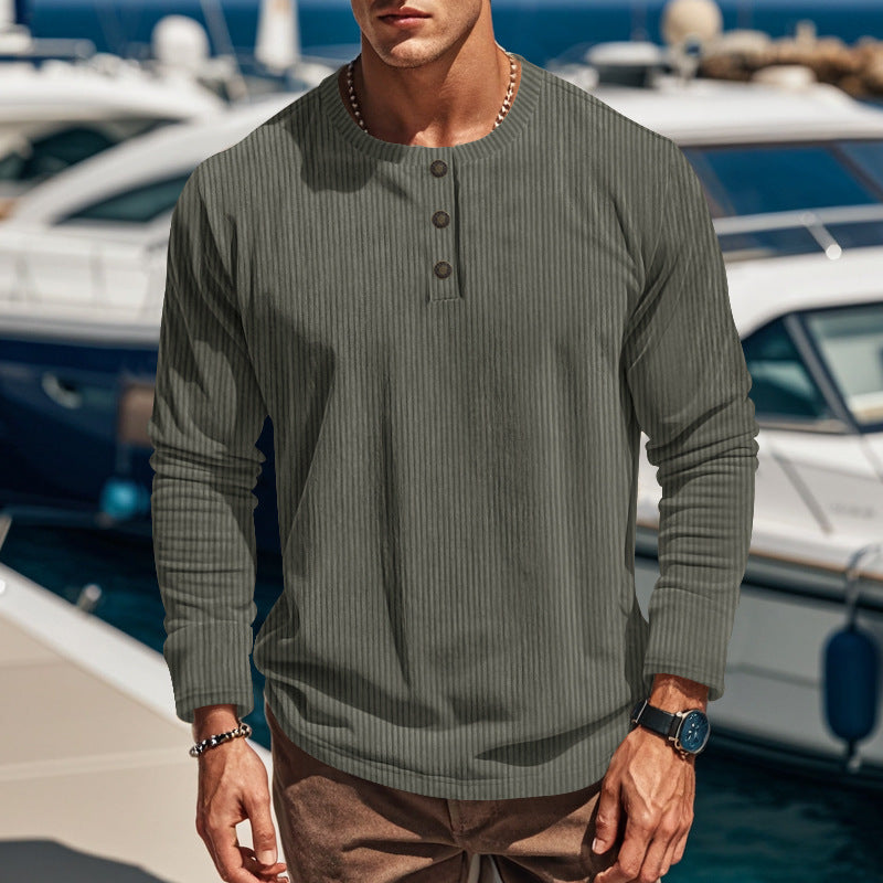 Men's Slim-Fit Corduroy Pullover Shirt – Four-Button Long Sleeve
