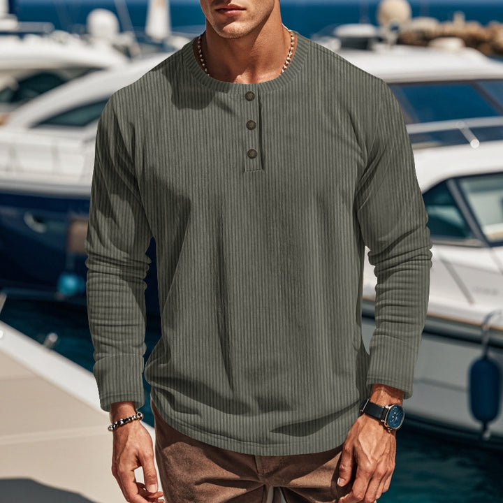 Men's Slim-Fit Corduroy Pullover Shirt – Four-Button Long Sleeve