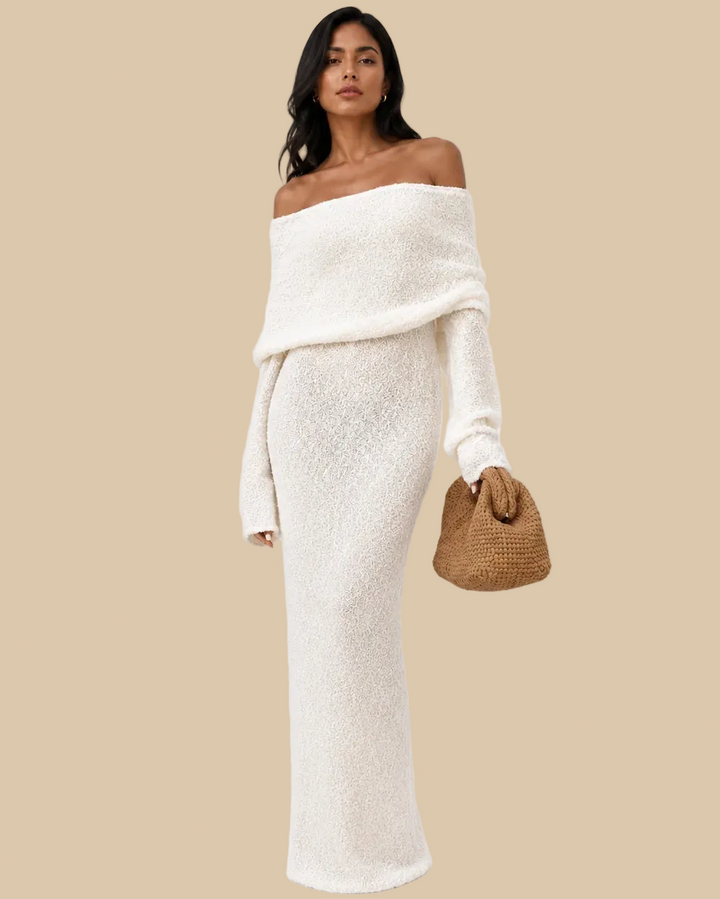 Off-Shoulder Maxi Dress in Lightweight Fabric – Big Lapel, Long Sleeve