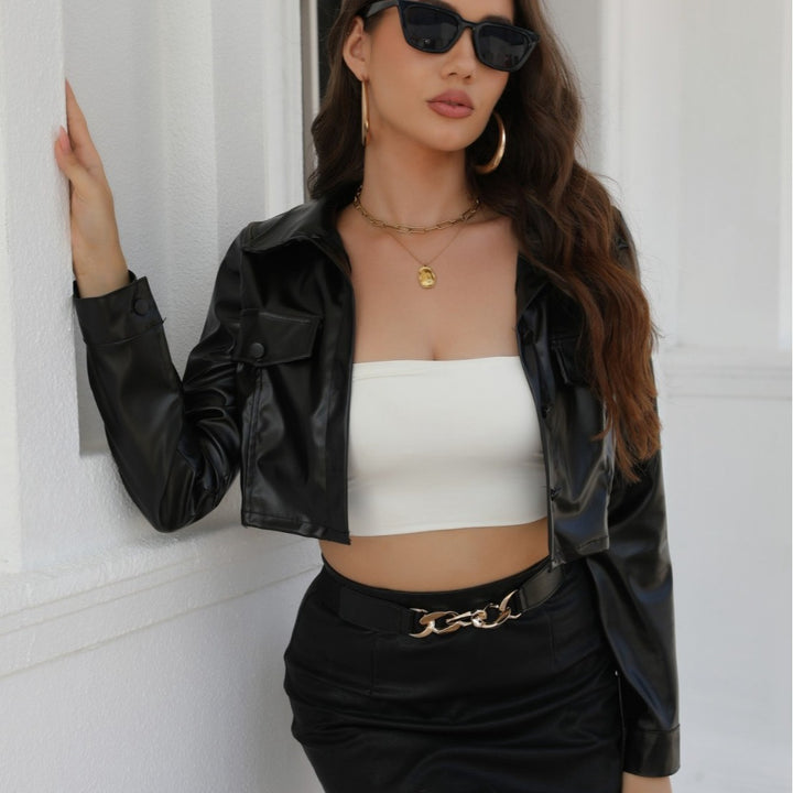 Women's Vegan Leather Cropped Jacket – Slim Fit Button Front