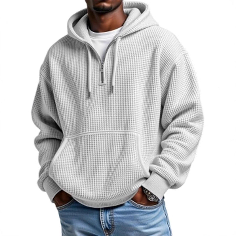 Men's Waffle Knit Hoodie – Double Hood 3D Print Relaxed Cardigan