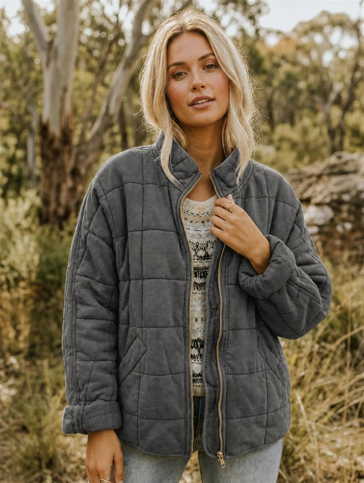 Women's Quilted Nylon Jacket – Stand Collar Zip-Up with Pockets