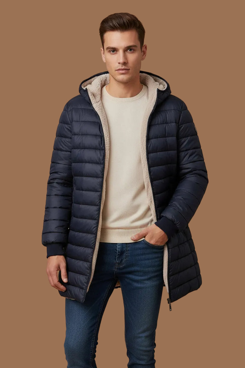 Men's Hooded Quilted Jacket – Mid-Length Fleece Lining