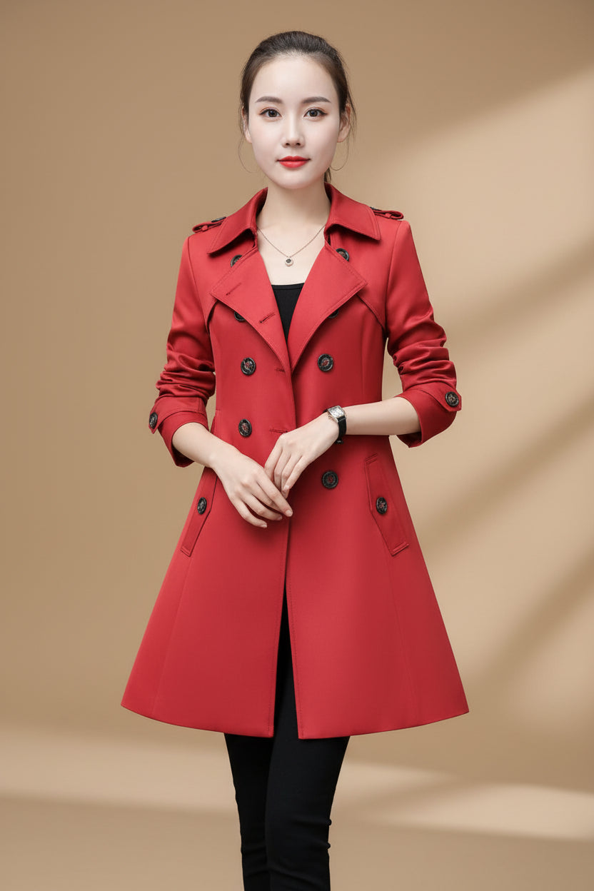 Women's Trench Coat – Slim Double Breasted Cotton Blend, Belted