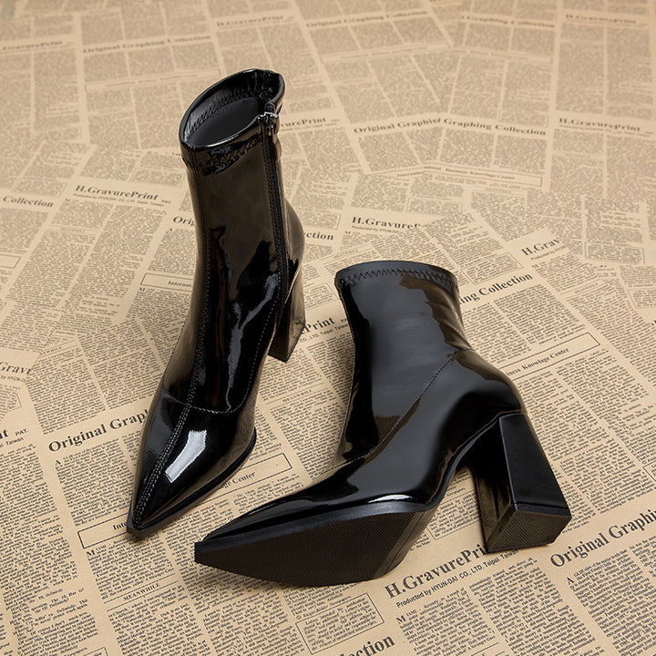 Women's Ankle Boot – Pointed Toe, Block Heel, Leather Lining