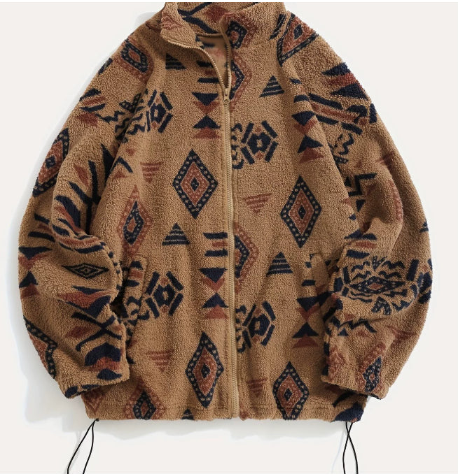 Women's Polar Fleece Coat – Geometric Print Plush Collar