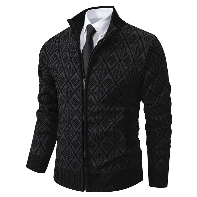 Men's Thick Fleece-Lined Cardigan – Knit Stand Collar Zip Sweater