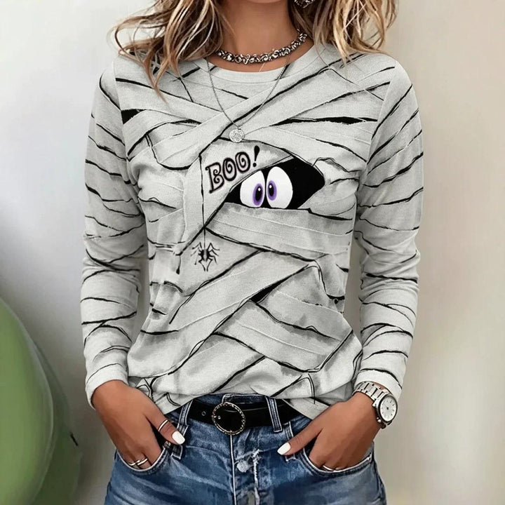 Women's Printed Crew Neck Long Sleeve Top – 3D Visual Texture