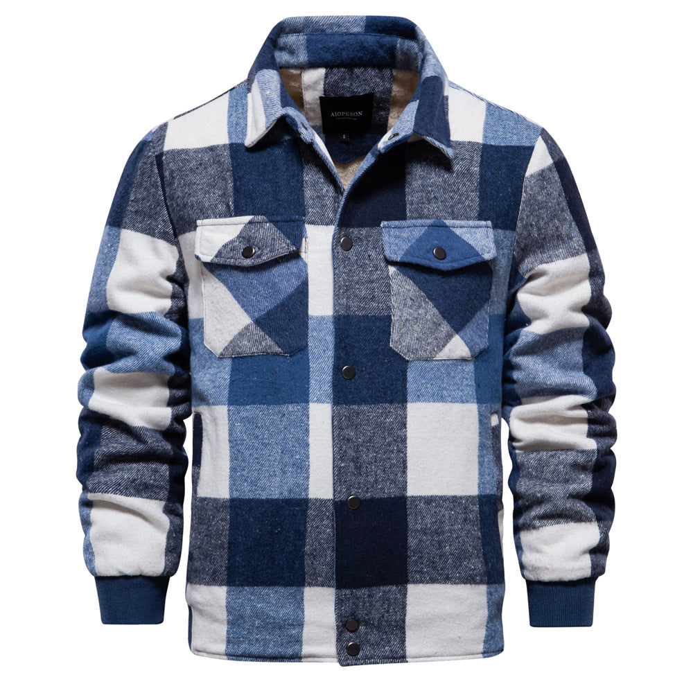 Men's Plaid Jacket – Cotton Outer, Zipper Pockets, Casual Fit