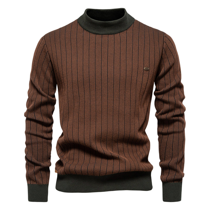 Men's Cotton Blend Slim Pullover Top – Half Turtleneck Striped Design