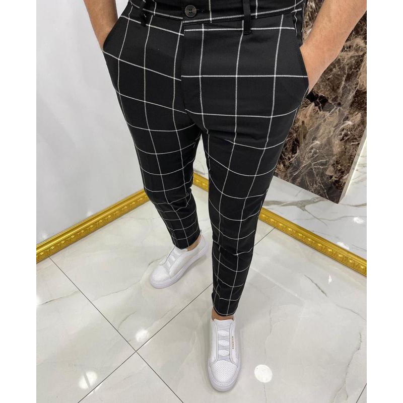 Men's Plaid Cotton Trousers – Slim Mid-Rise Cut with Stretch