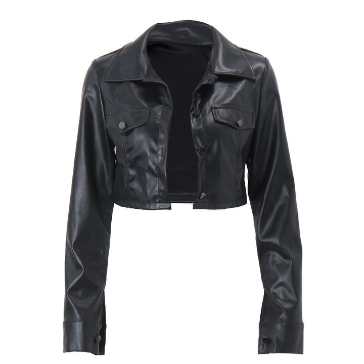 Women's Vegan Leather Cropped Jacket – Slim Fit Button Front