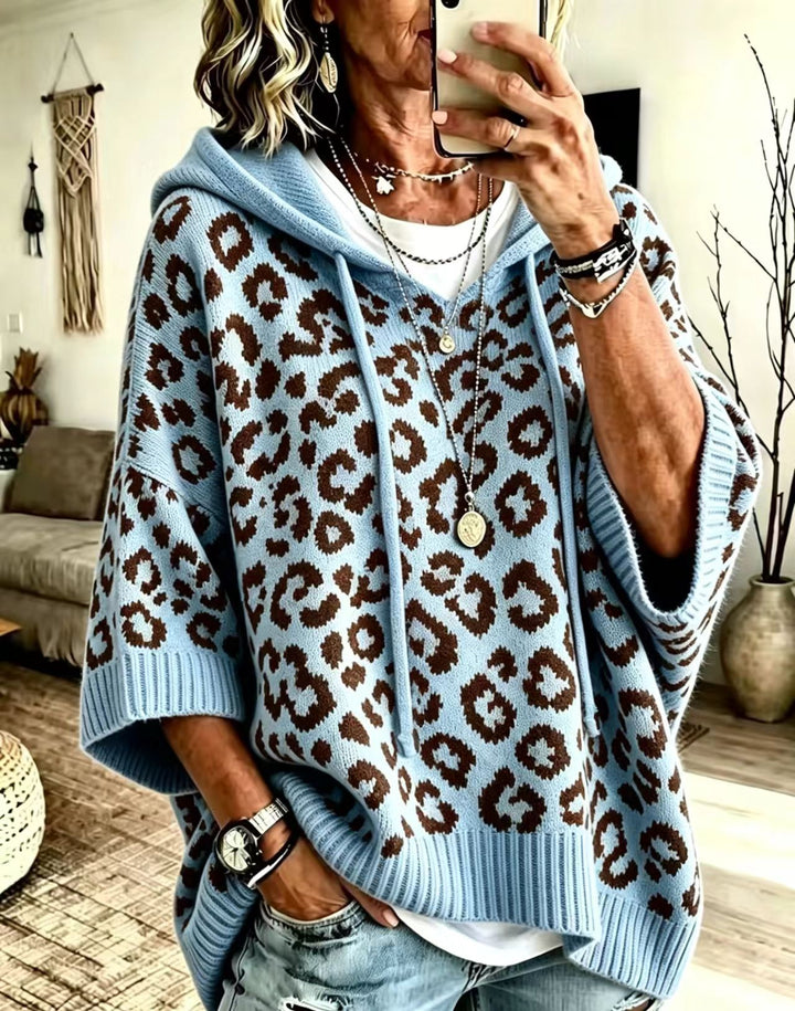 Women's Knit Leopard Print Pullover Sweater – Hooded Loose Fit