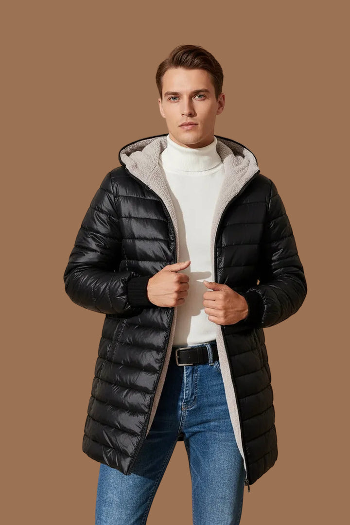 Men's Hooded Quilted Jacket – Mid-Length Fleece Lining