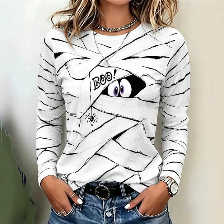 Women's Printed Crew Neck Long Sleeve Top – 3D Visual Texture