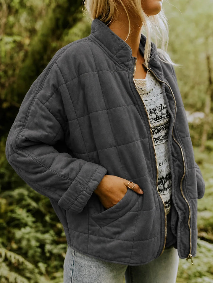 Women's Quilted Nylon Jacket – Stand Collar Zip-Up with Pockets