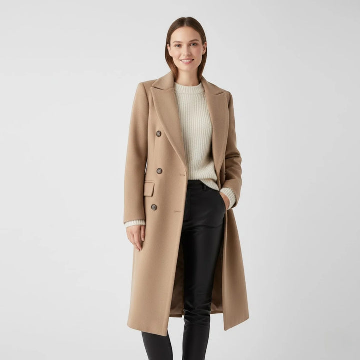 Women's Wool Blend Double-Breasted Coat with Notched Collar