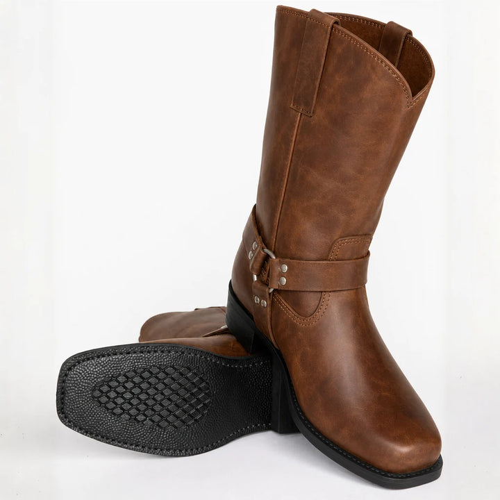 Men's Leather Short Boot – Retro Cowboy, Embossed Harness