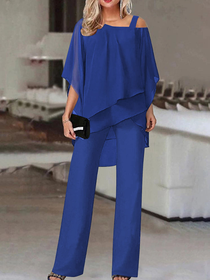 Two Piece Set in Soft Knit – Cold Shoulder Ruffle Top & Wide Leg Pants