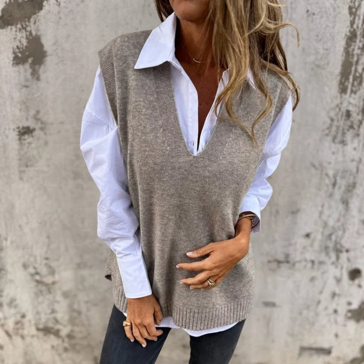 Women's V-Neck Knitted Sweater Vest – Relaxed Pullover Layer
