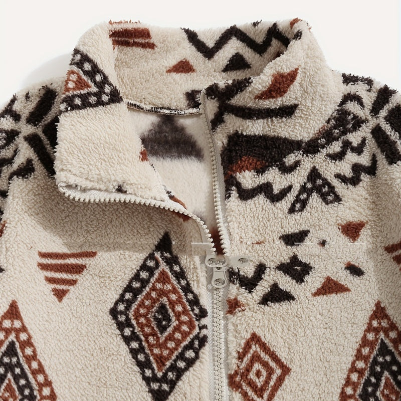 Women's Polar Fleece Coat – Geometric Print Plush Collar
