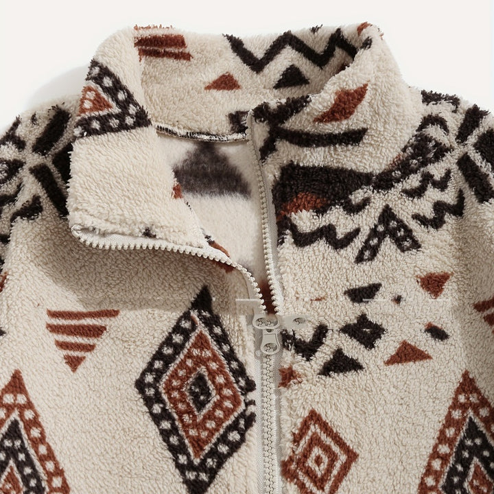 Women's Polar Fleece Coat – Geometric Print Plush Collar