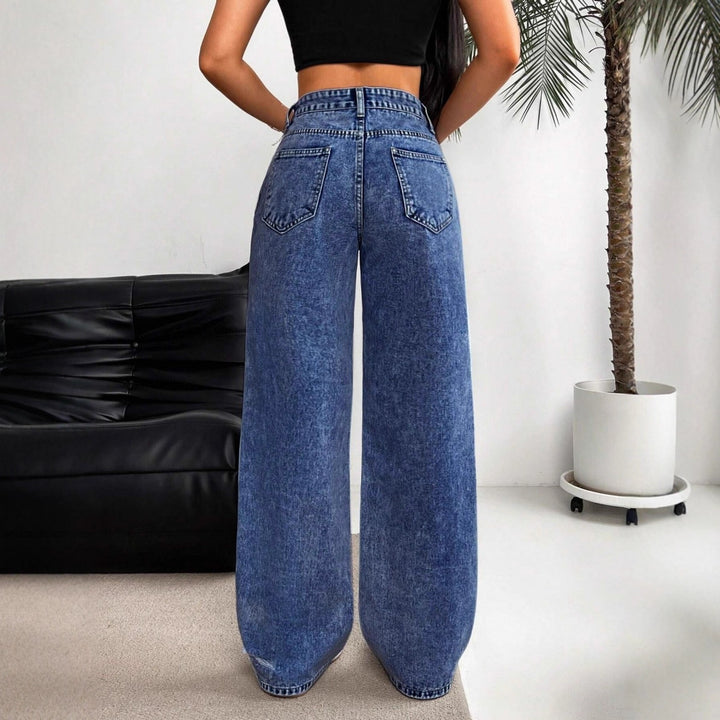 Women's High Waist Straight Leg Jeans – Distressed Hole Detail