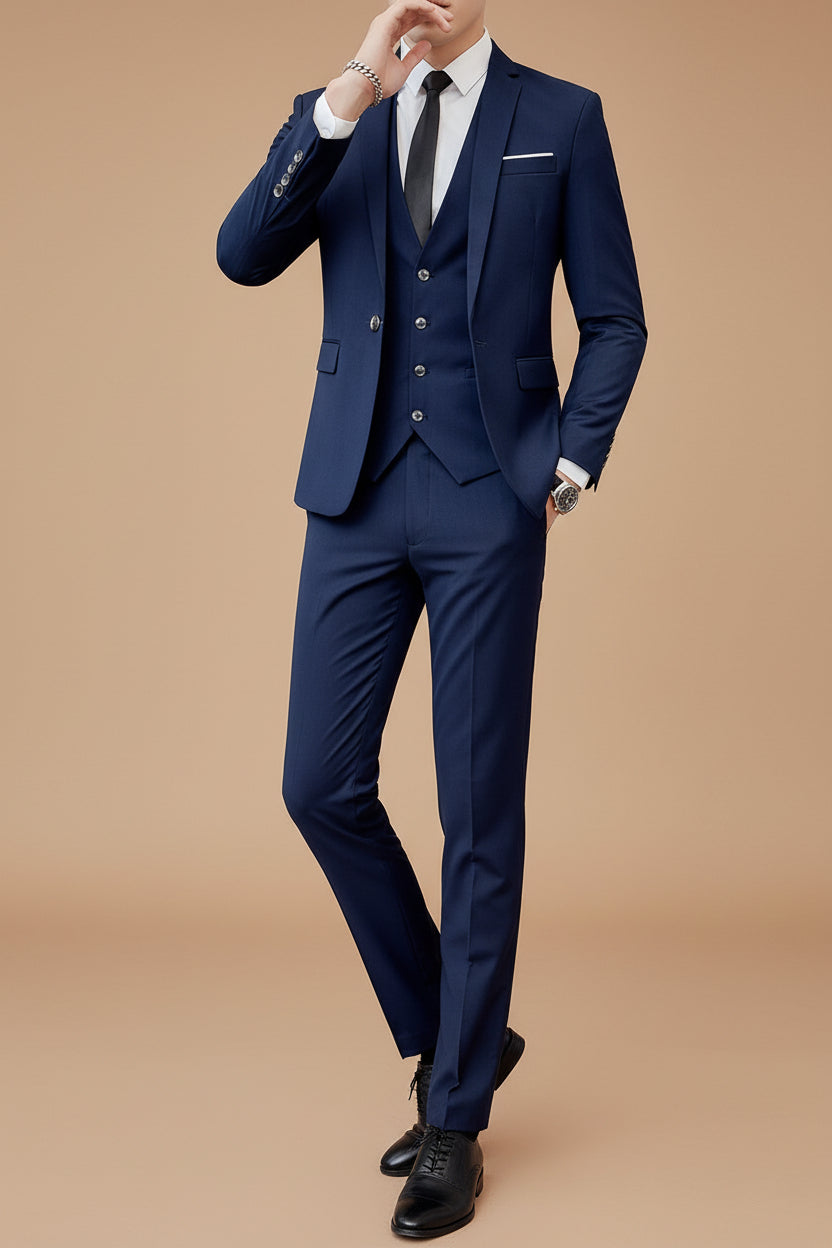 Men's Slim Fit Cotton Three Piece Suit – Tailored Business Set