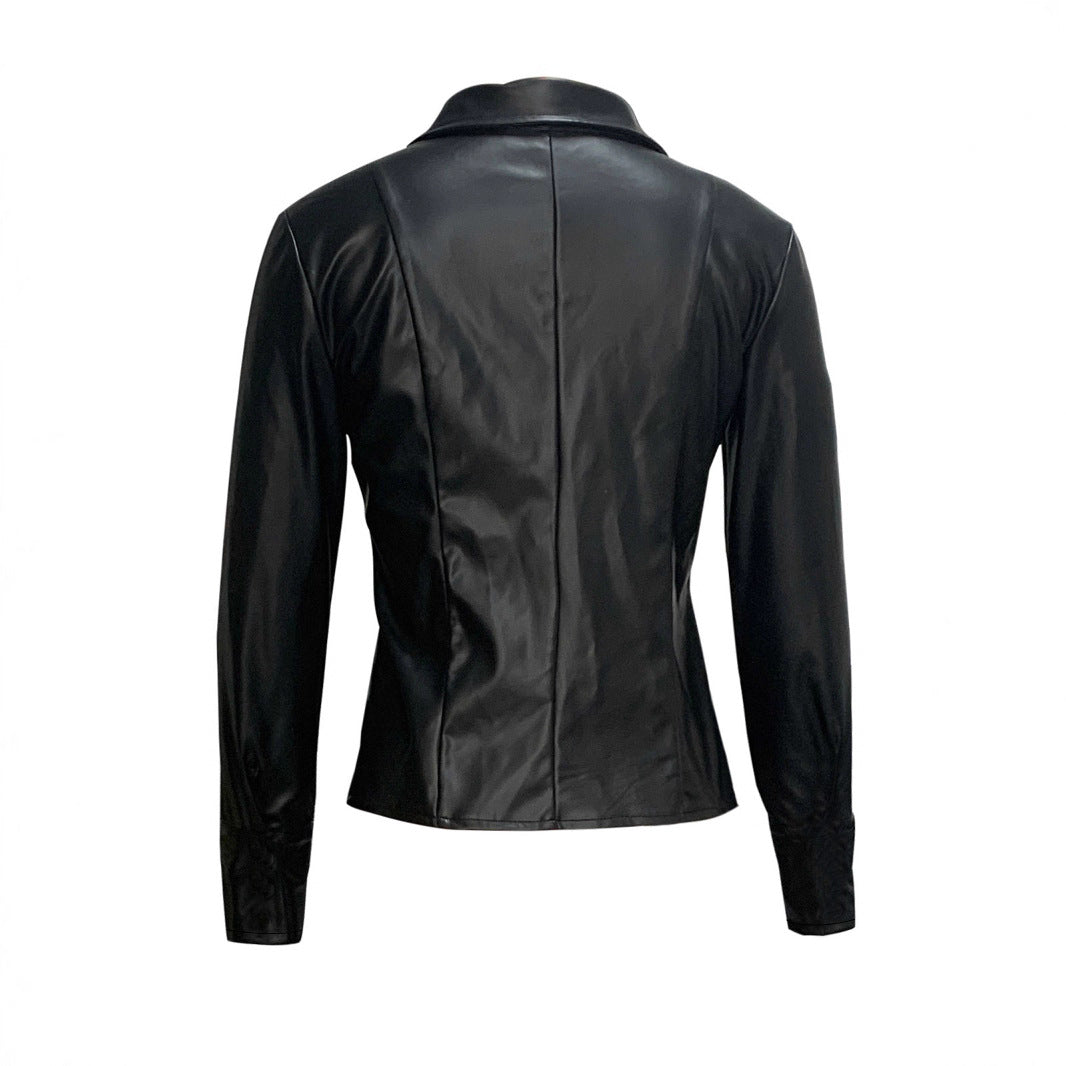 Women's Vegan Leather Slim Fit Jacket – External Pocket Detail