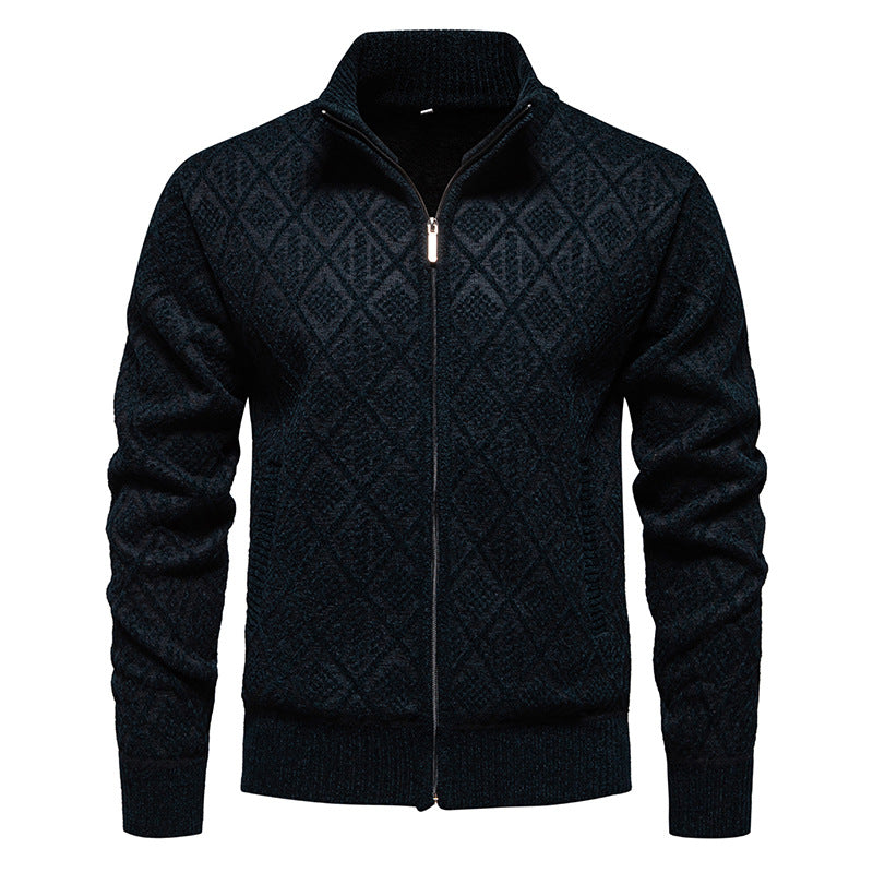 Men's Thick Fleece-Lined Cardigan – Knit Stand Collar Zip Sweater