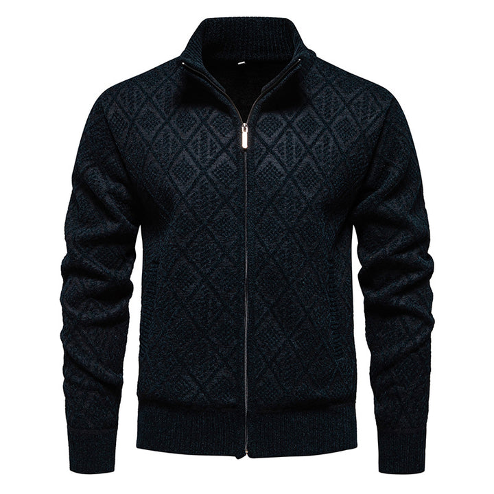 Men's Thick Fleece-Lined Cardigan – Knit Stand Collar Zip Sweater