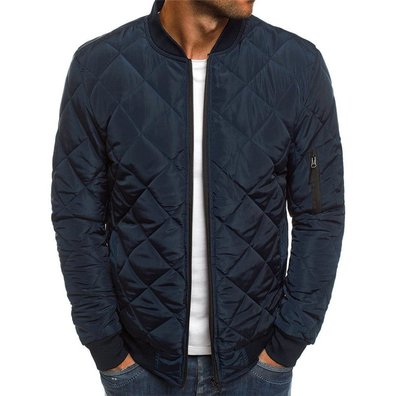 Men's Quilted Jacket with Stand Collar – Urban Rhombus Zip Front