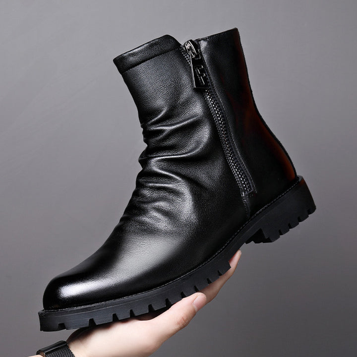 Men's Leather Boot – Side Zip Low Heel Winter Style