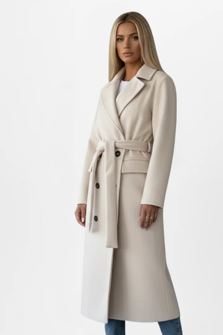 Women's Long Wool Coat – Double Breasted Belted Split Hem Overcoat