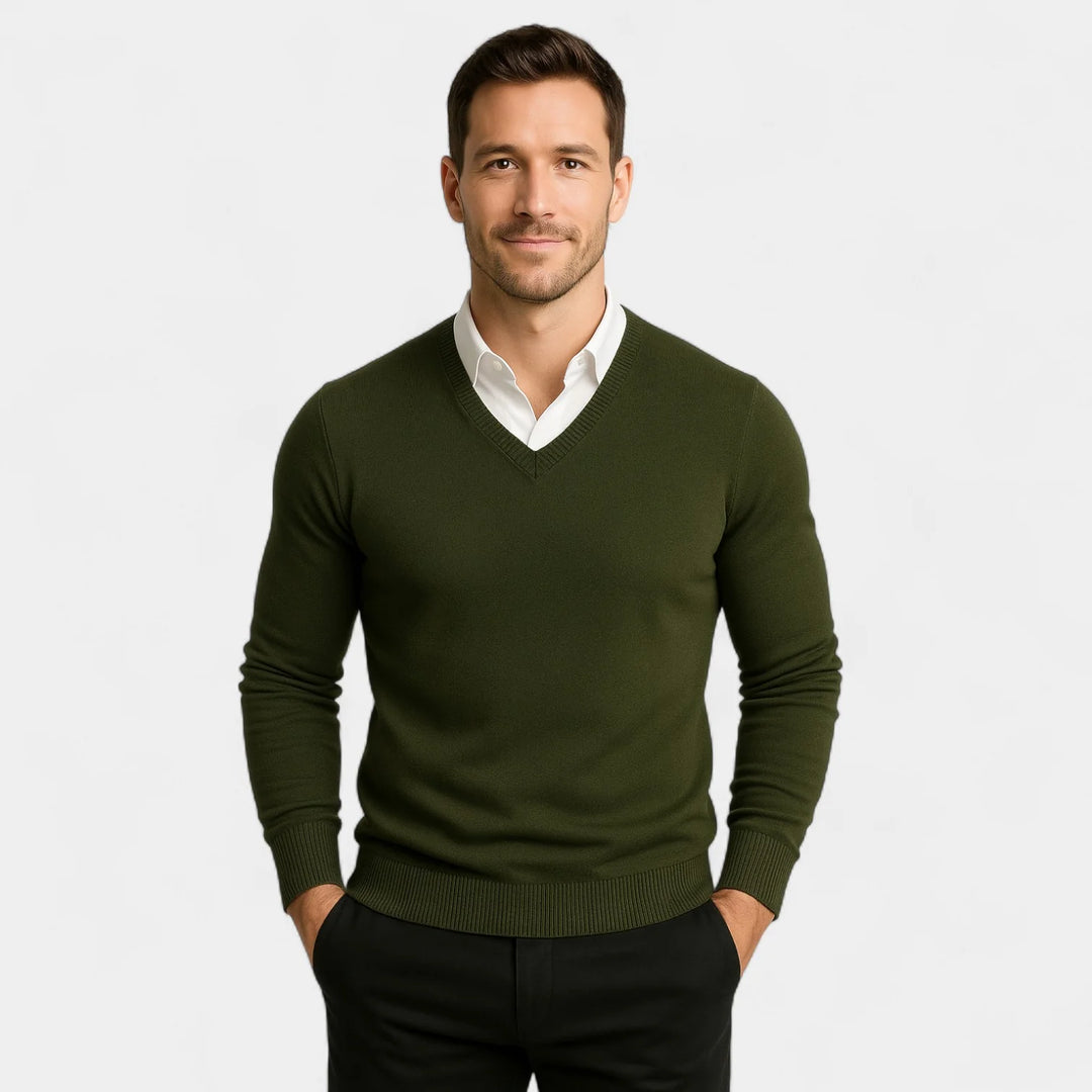 Men's Technical Knit V-Neck Sweater – Slim Fit Performance Pullover