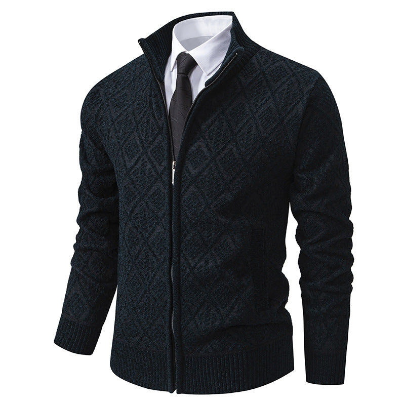 Men's Thick Fleece-Lined Cardigan – Knit Stand Collar Zip Sweater