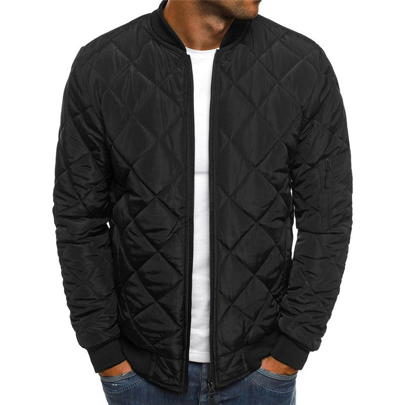 Men's Quilted Jacket with Stand Collar – Urban Rhombus Zip Front