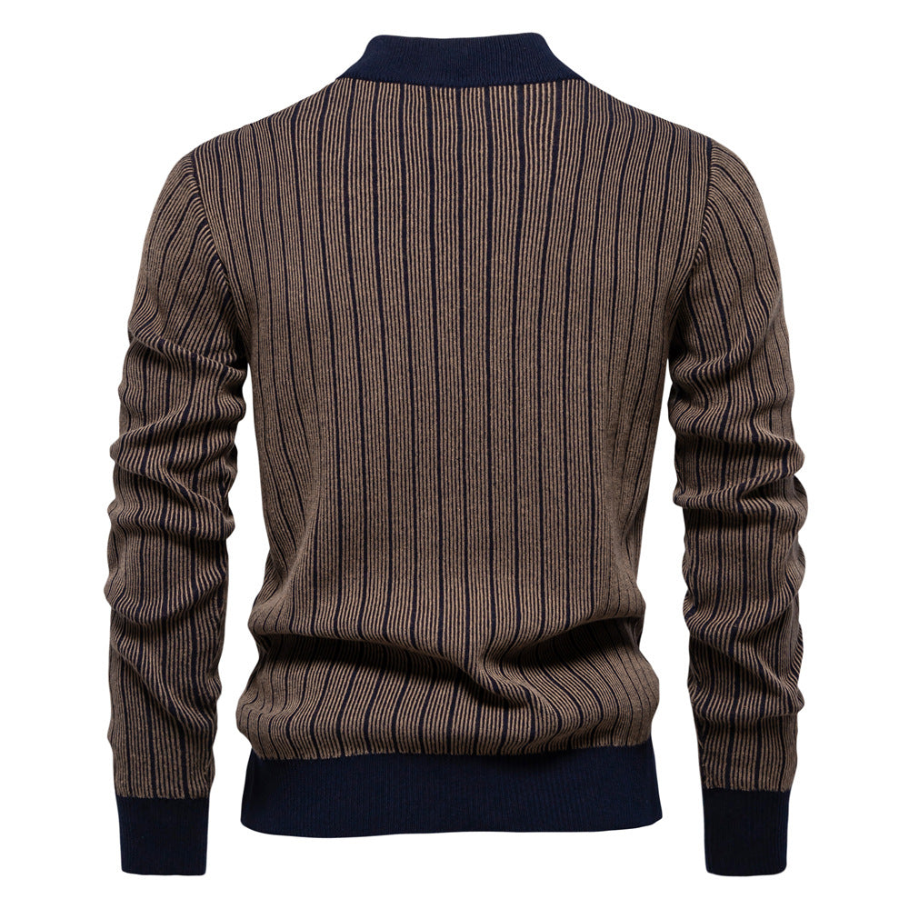 Men's Cotton Blend Slim Pullover Top – Half Turtleneck Striped Design