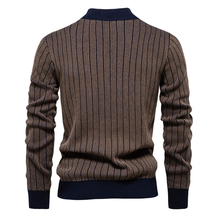 Men's Cotton Blend Slim Pullover Top – Half Turtleneck Striped Design