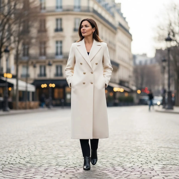 Women's Tweed Long Coat – Double Breasted Structured Fit