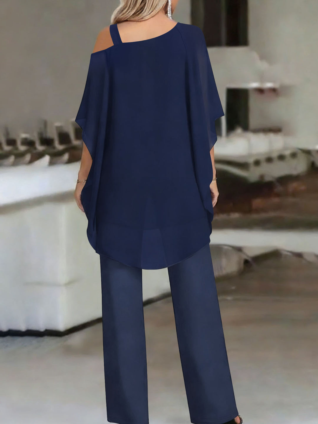 Two Piece Set in Soft Knit – Cold Shoulder Ruffle Top & Wide Leg Pants