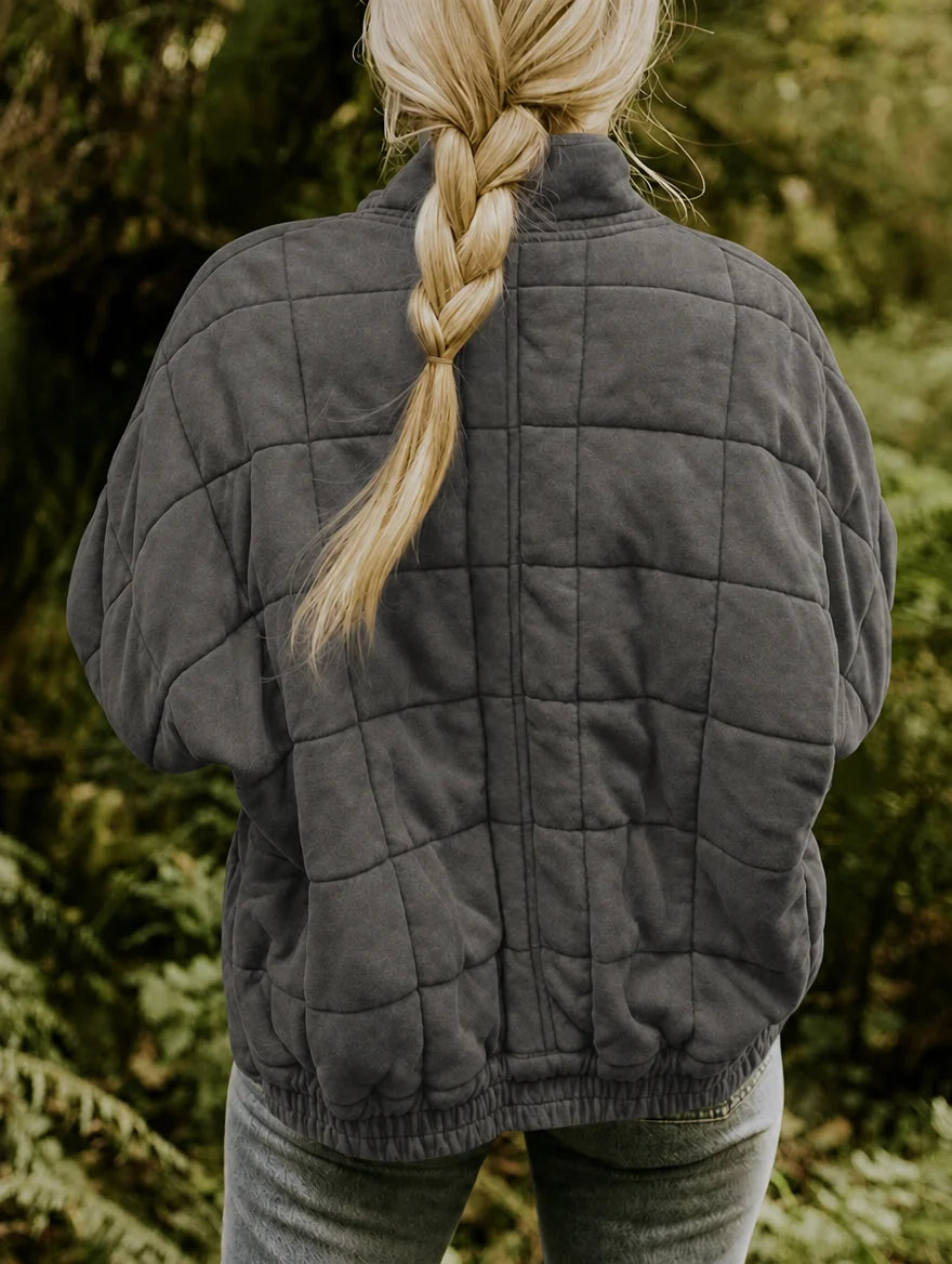 Women's Quilted Nylon Jacket – Stand Collar Zip-Up with Pockets