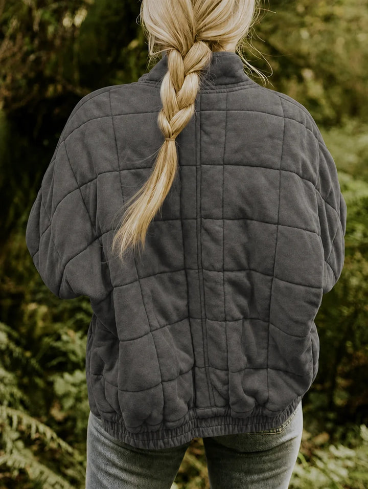 Women's Quilted Nylon Jacket – Stand Collar Zip-Up with Pockets