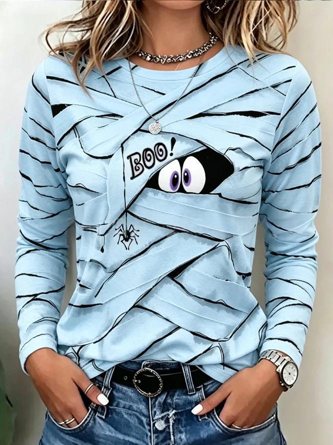 Women's Printed Crew Neck Long Sleeve Top – 3D Visual Texture