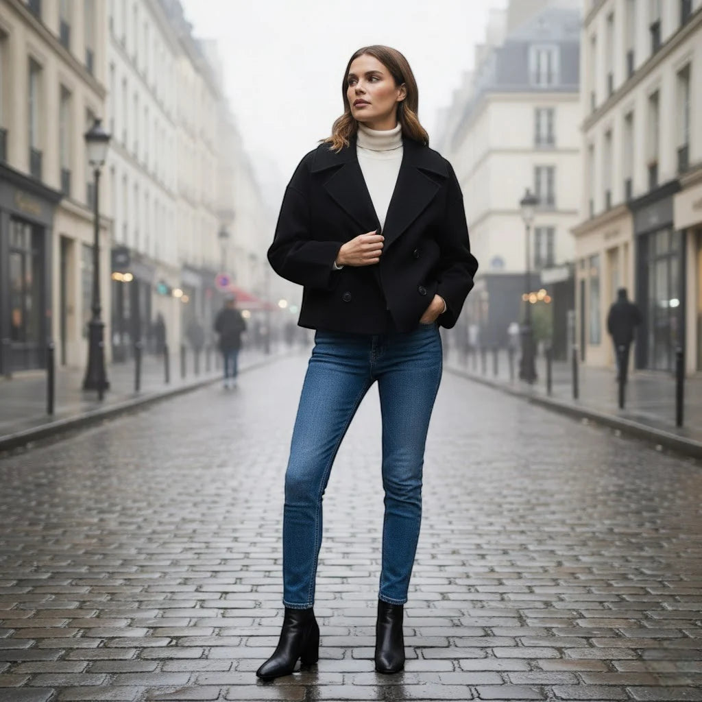 Women's Cropped Wool Blend Jacket – Double-Breasted, Structured Fit