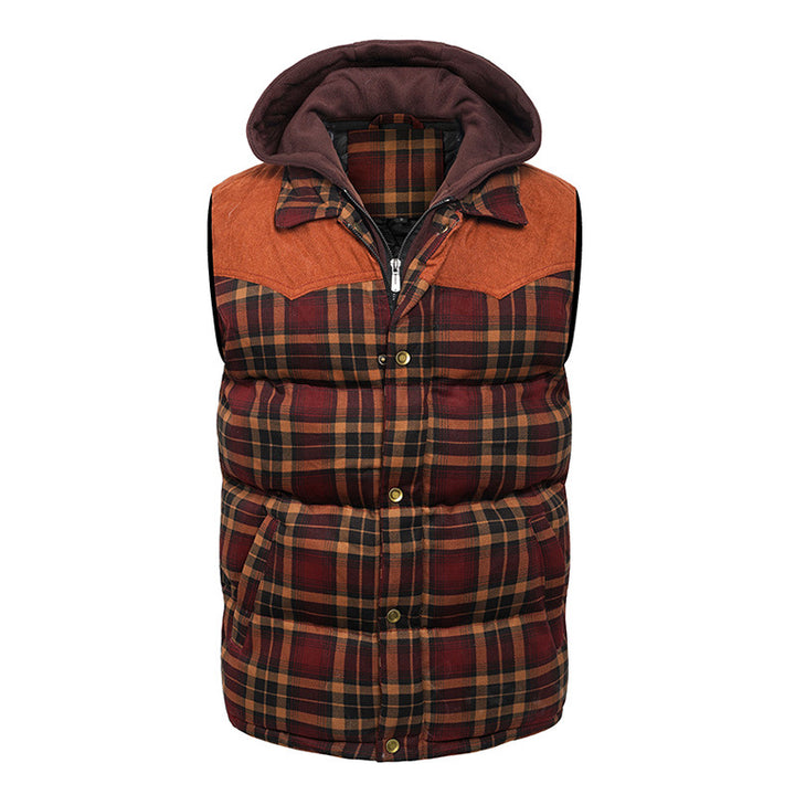 Men's Plaid Hooded Vest – Thick Padded Sleeveless Outerwear