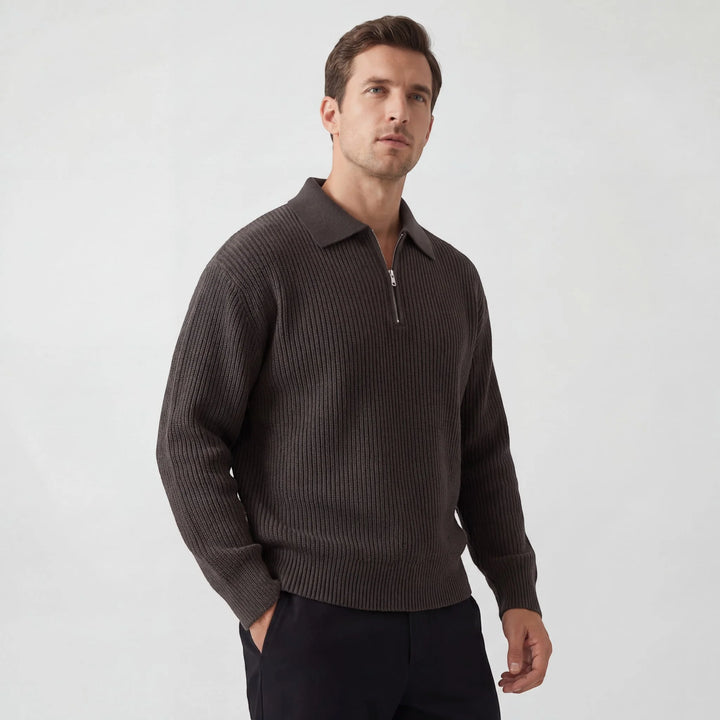 Men's Knit Zip Sweater – Textured Cotton, Relaxed Fit, Modern Collar