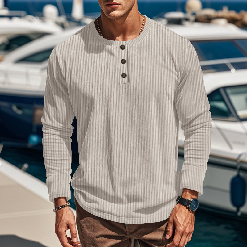 Men's Slim-Fit Corduroy Pullover Shirt – Four-Button Long Sleeve