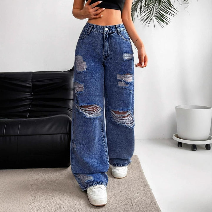 Women's High Waist Straight Leg Jeans – Distressed Hole Detail