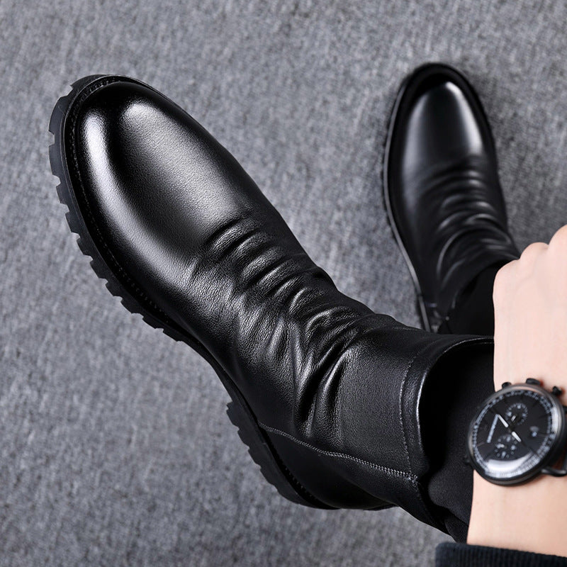 Men's Leather Boot – Side Zip Low Heel Winter Style